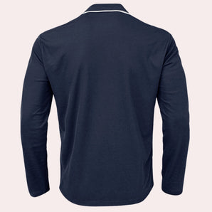 Navy blue men's long-sleeve dress shirt featuring a formal contrast collar.