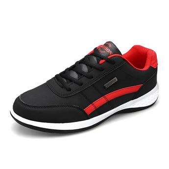 Navy blue men's dual-tone sneakers with cushioned sole, featuring a stylish design suitable for urban fashion, shown in black/red color combination, size 47.