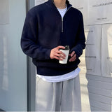 Navy blue men's ribbed zip-up sweater featuring long sleeves and a high neckline, designed for cozy fall fashion and casual wear.