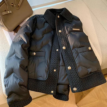 Navy blue quilted designer puffer jacket with a high collar, featuring a sleek and warm design suitable for winter, displayed in a black color variant and size XXL.