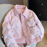 Navy blue quilted designer puffer jacket with a high collar, featuring a button-up front and long sleeves; shown in a rose color variant in size XXL, blending elements of formal wear and fashion design.