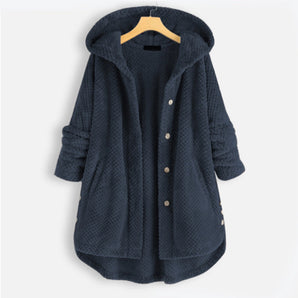 Navy blue quilted hooded winter coat in plus size featuring long sleeves and a button-up front, designed for insulation and cold weather protection.