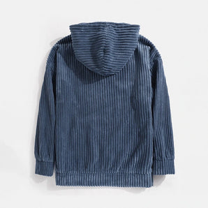 Navy blue ribbed corduroy pullover hoodie with a high collar, featuring long sleeves and a textured pattern.