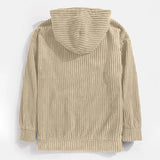 Navy blue ribbed corduroy pullover hoodie featuring a high collar and long sleeves.