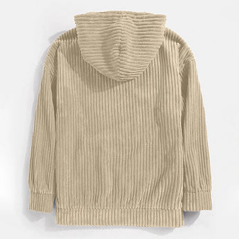 Navy blue ribbed corduroy pullover hoodie featuring a high collar and long sleeves.