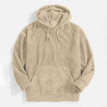 Beige high collar sweatshirt made from ribbed corduroy fabric with long sleeves, featuring a cozy and casual design suitable for outerwear.