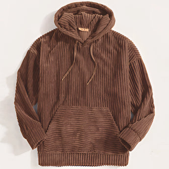 Brown ribbed corduroy pullover hoodie with a high collar and long sleeves, designed in a soft natural material.