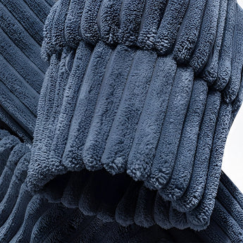 Navy blue ribbed corduroy pullover hoodie with a high collar, featuring a soft texture and long sleeves.