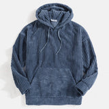 Navy blue ribbed corduroy pullover hoodie with a high collar and long sleeves in size 2XL, featuring a stylish and cozy design.