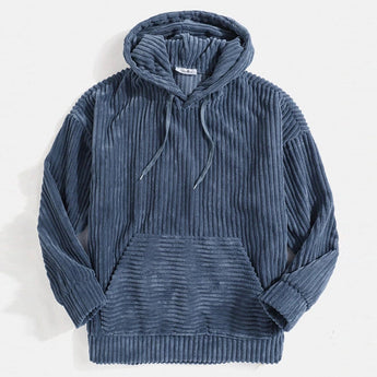 Navy blue ribbed corduroy pullover hoodie with a high collar and long sleeves in size 2XL, featuring a stylish and cozy design.
