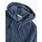 Navy blue ribbed cowl neck hoodie for men featuring long sleeves and a stylish pleated design.