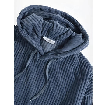Navy blue ribbed cowl neck hoodie for men featuring long sleeves and a stylish pleated design.