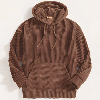 Brown cowl neck hoodie with ribbed texture, featuring long sleeves and a stylish pleated design, suitable for men in size 2XL.
