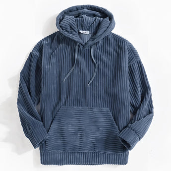 Navy blue ribbed cowl neck hoodie for men in size 2XL featuring long sleeves, stylish pleated design, and a cozy collar.