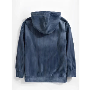 Navy blue ribbed cowl neck hoodie for men featuring long sleeves and a stylish pleated design.