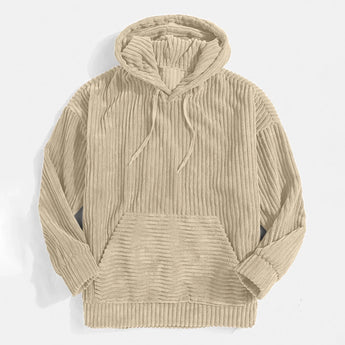 A men's khaki cowl neck hoodie in 2XL size, featuring a ribbed texture and pleated design with long sleeves. The outerwear has a stylish and comfortable fit, suitable for casual wear.