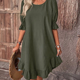 Women's Summer Chic Casual Navy Blue Ruffle Dress with Round Neck and Short Sleeves