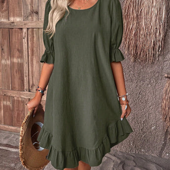 Women's Summer Chic Casual Navy Blue Ruffle Dress with Round Neck and Short Sleeves