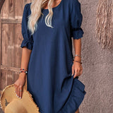 Women's summer chic casual round neck navy blue ruffle dress in marine blue, size 3XL, featuring short sleeves and stylish layered ruffle design.