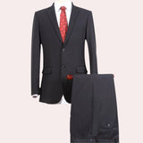 Navy blue slim-fit blazer for men in a formal business style, featuring a notched collar and long sleeves, worn with a dress shirt and tie.