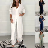 Navy blue wide-leg jumpsuit with 3/4 sleeves, designed as plus size evening wear, featuring a fashionable silhouette with a defined waist and elegant shoulder detailing.