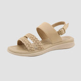 Navy blue women's comfort sandals featuring a braided strap in beige, lightweight design, and slide sandal style.