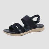 Navy blue women's comfort sandals with braided straps, lightweight design, and outdoor-friendly synthetic rubber sole in size 42.