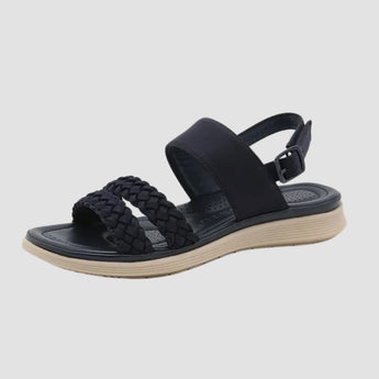 Navy blue women's comfort sandals with braided straps, lightweight design, and outdoor-friendly synthetic rubber sole in size 42.