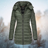 Navy blue women's insulated hooded winter parka jacket with faux fur trim and standing collar, shown in a green color and 3XL size.