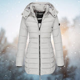 Navy blue women's insulated hooded winter parka jacket, featuring a stylish design with a hood, long sleeves, and a durable textile material.