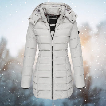 Navy blue women's insulated hooded winter parka jacket, featuring a stylish design with a hood, long sleeves, and a durable textile material.