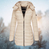 Navy blue women's insulated hooded winter parka jacket with a front zipper, long sleeves, and a warm, protective design.
