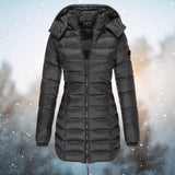 Navy blue women's insulated hooded winter parka jacket with a black color option in size 3XL, featuring a sleek design with a thick collar and full-length sleeves, suitable for cold weather.