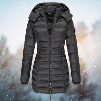Navy blue women's insulated hooded winter parka jacket with a black color option in size 3XL, featuring a sleek design with a thick collar and full-length sleeves, suitable for cold weather.