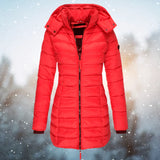 
A red insulated hooded winter parka jacket for women in size 3XL, featuring long sleeves and a warm textile material. The jacket has a stylish fashion design with a collar for added warmth.