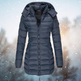 Navy blue insulated hooded winter parka jacket for women in size 3XL, featuring a stylish design with a high collar, full-length sleeves, and a durable textile.