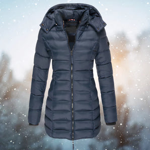 Navy blue insulated hooded winter parka jacket for women in size 3XL, featuring a stylish design with a high collar, full-length sleeves, and a durable textile.
