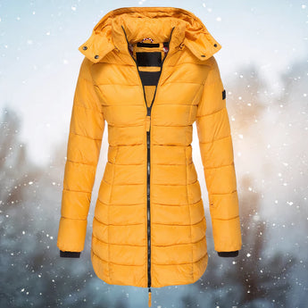 
A navy blue insulated hooded winter parka jacket for women featuring a fur-lined collar and sleeves, designed for warmth and comfort in cold weather conditions.