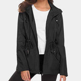 Black women's hooded parka jacket with long sleeves, featuring a button-up front, water-resistant fabric, and a fitted waist design.