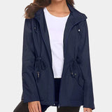 Navy blue women's lightweight hooded parka with water-resistant material in size XL, featuring a hood, long sleeves, and a full-length front zipper.