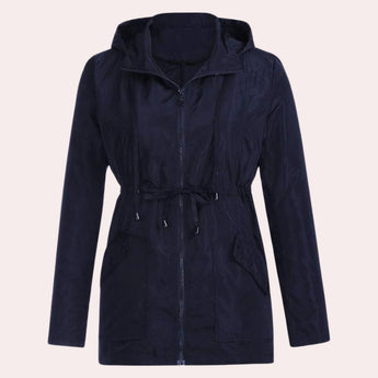 Navy blue women's lightweight hooded parka featuring a water-resistant jacket design with long sleeves and a collar, suitable for casual and outdoor wear.