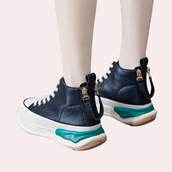 Navy blue zipper wedge sneakers with a chunky platform, designed as outdoor walking shoes, displayed with a focus on the shoe's side profile and detailing.