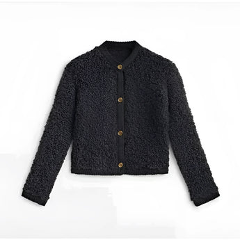 Navy Bouclé Jacket in black, large size, featuring a chunky knit design with a button closure, collar, and long sleeves, made from woolen material suitable for winter wear.