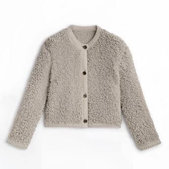 Navy bouclé jacket for women featuring a chunky knit design, long sleeves, and a woolen texture. The cardigan is styled for winter wear, with a collar and a patterned appearance. The color variant in the image is khaki, size large.