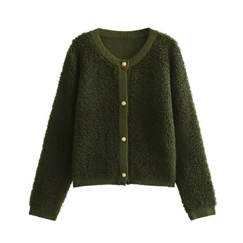 
A green women's chunky knit bouclé jacket featuring a rectangular shape with a textured pattern. The outerwear includes a collar and long sleeves, designed for winter wear.