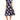 Navy floral A-line dress with short sleeves and knee-length design, featuring a casual summer style in marine blue, worn by a smiling woman.