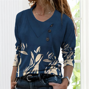 Navy floral V-neck button sweatshirt for women featuring a botanical print, long sleeves, and a comfortable fit.