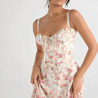
Woman wearing a pink ruched beach dress with adjustable bust, featuring short sleeves and a fitted waist.