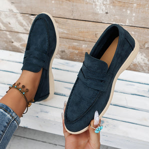 Navy suede loafers for women, comfortable slip-on shoes.