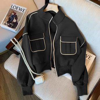 Navy women's stylish short jacket with a zip closure and double pockets, featuring a sleek black design in size 2XL, highlighting elements like a collar and sleeves typical of outerwear fashion.